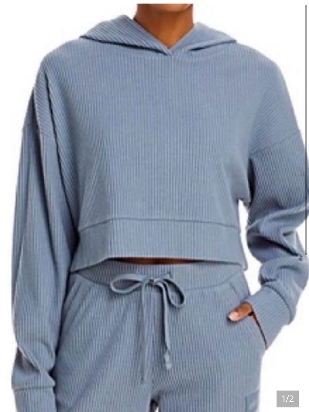 ALO Yoga Ribbed Cropped Sweatshirt & Drawstring Joggers - Dusty Blue
